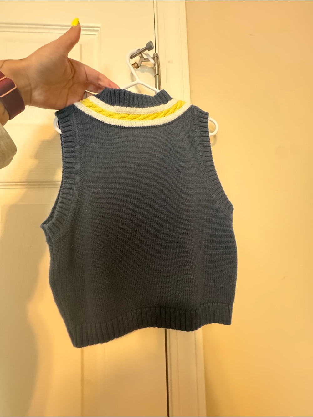 Lands' End Navy Sweater Vest with White and Yellow V‑Neck Trim - Picture 2 of 4